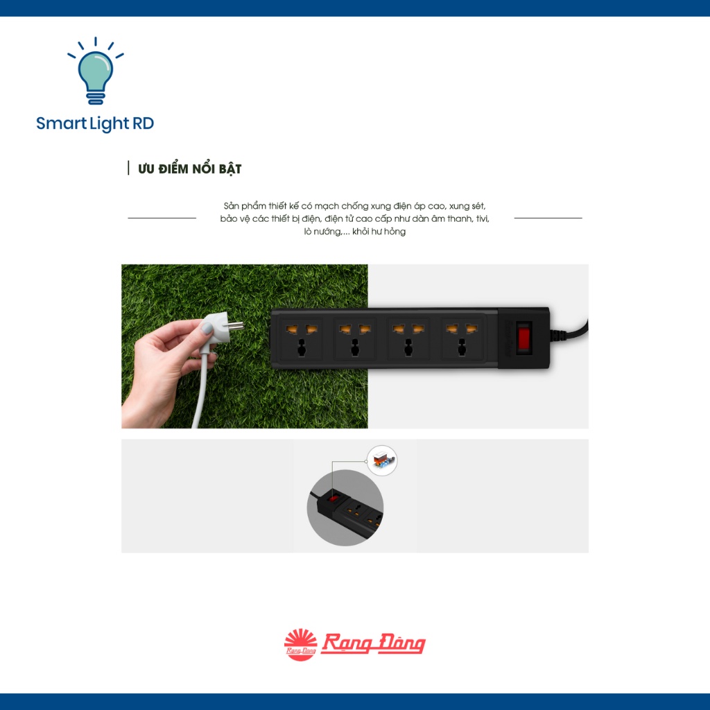 Ổ cắm đa năng Rạng Đông kéo dài 3m/5m, chống giật, Model: OC02 4C/10A