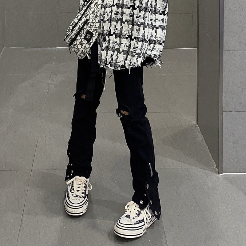 2022 Quần jeans ống thẳng kiểu rách gối phối dây kéo thời trang Hip Hop đường phố sành điệu mới size lớn dành cho nữ