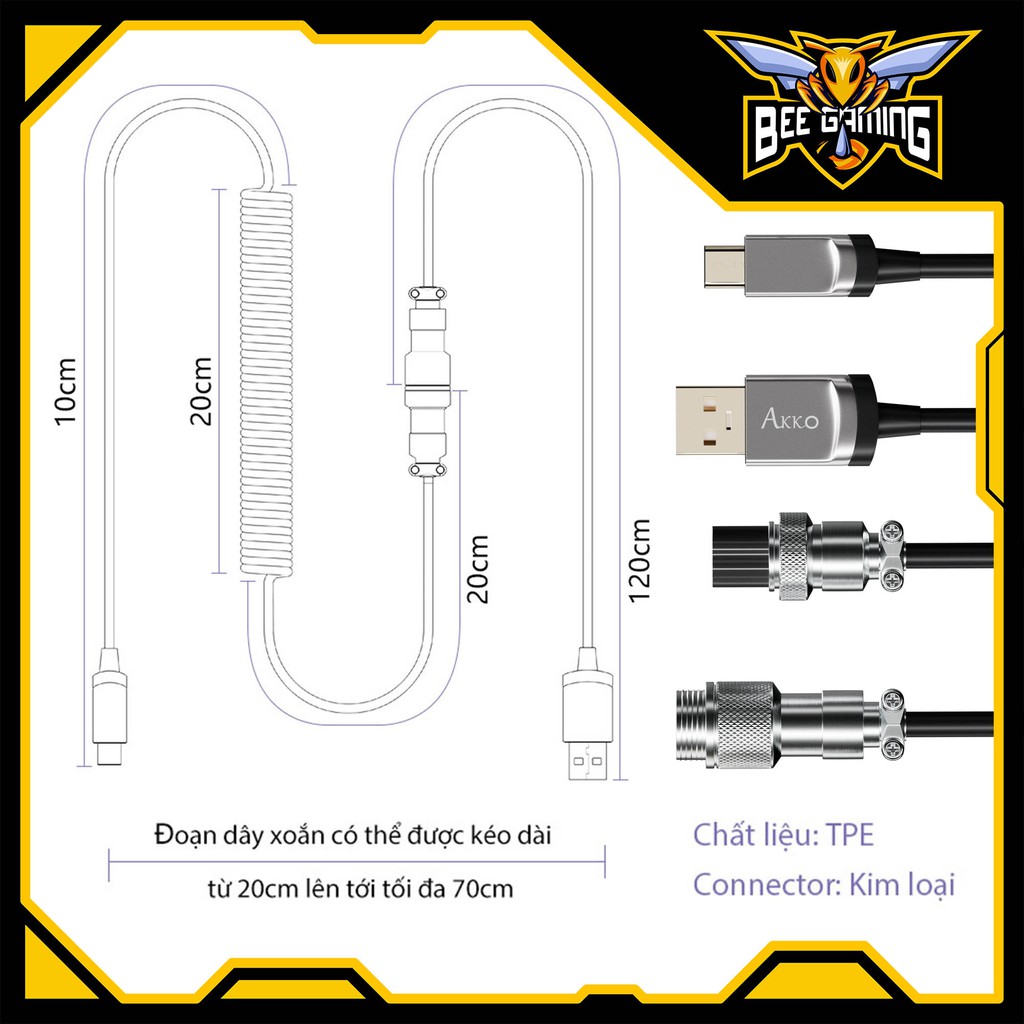 [Mã SKAMSALE03 giảm 10% đơn 200k] Dây cáp custom AKKO dành cho phím cơ - dạng xoắn | USB Type C - Type A