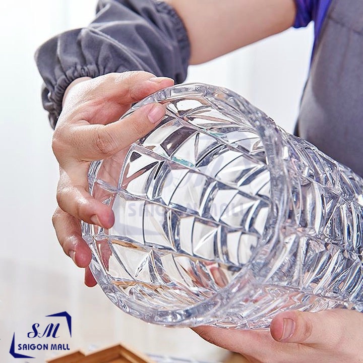 Bình bông lọ hoa thủy tinh trang trí hình trụ hoạ tiết caro sang trọng cao cấp chiều cao 30 cm