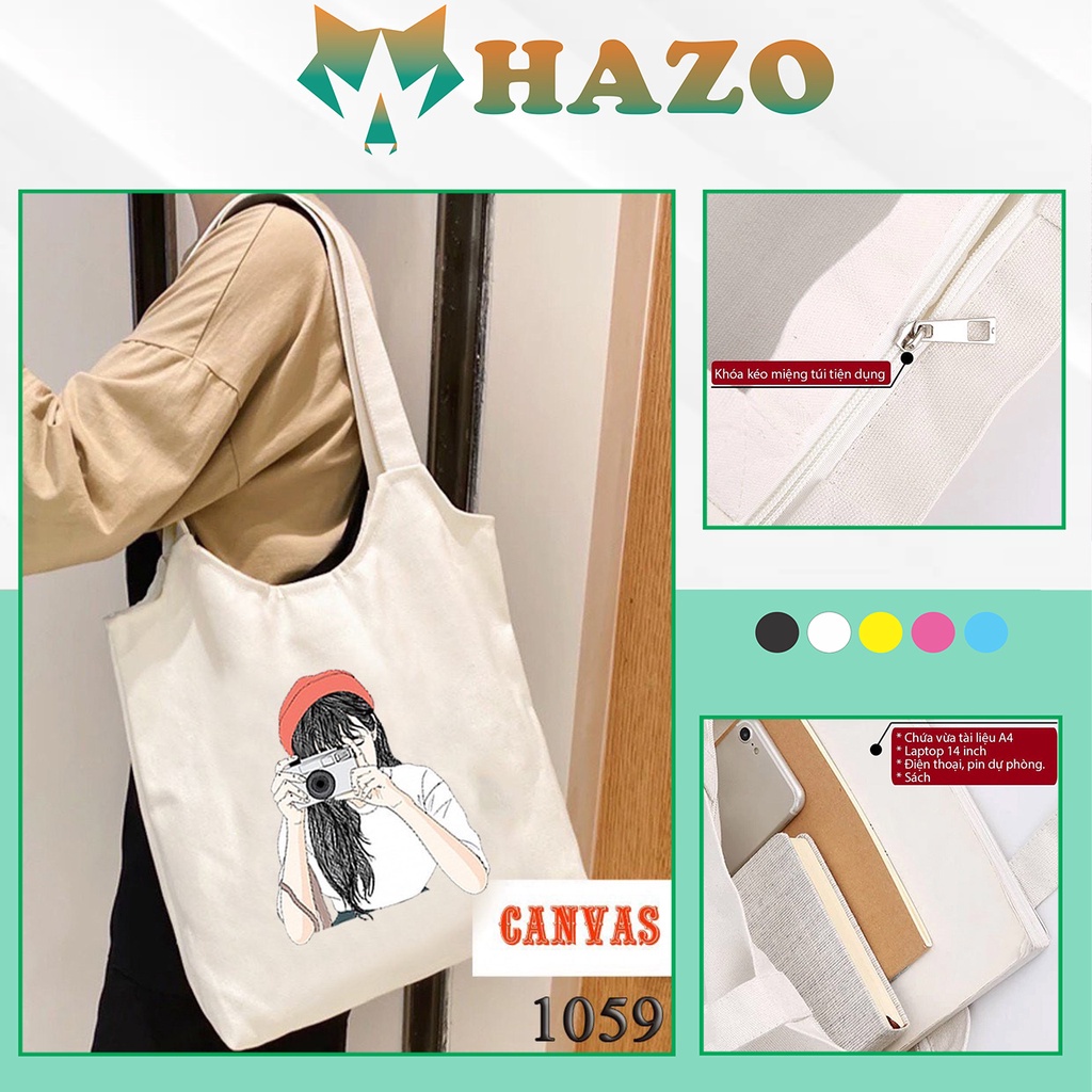 Túi Tote Trắng Chất Vải Canvas 1059 Girl Photograp Dễ Thương Hàng Chuẩn Đẹp - Hazo
