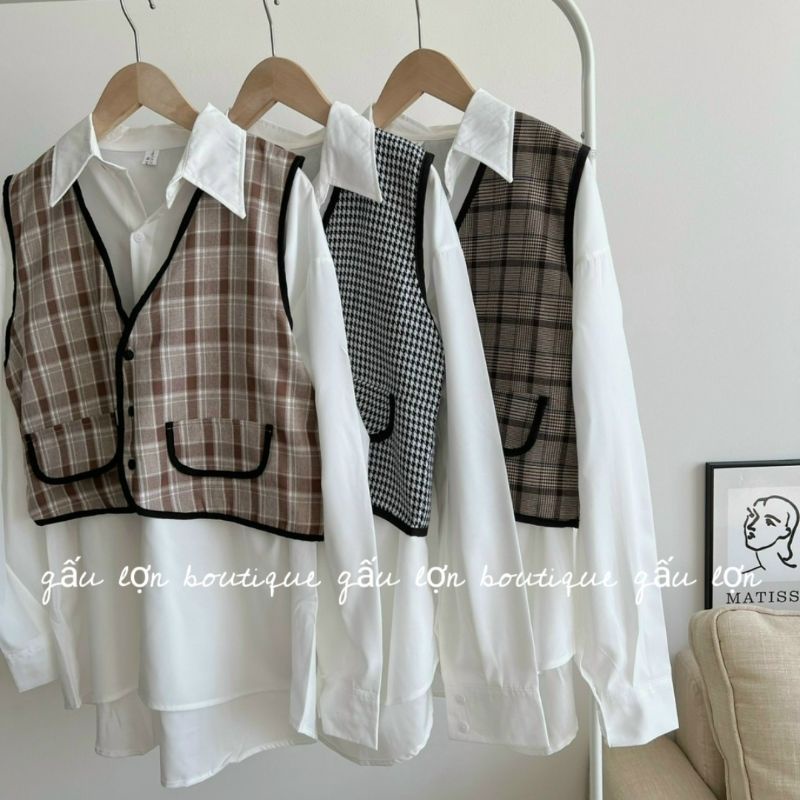 Áo gile dạ hoạ tiết kẻ zíc zắc ảnh thật