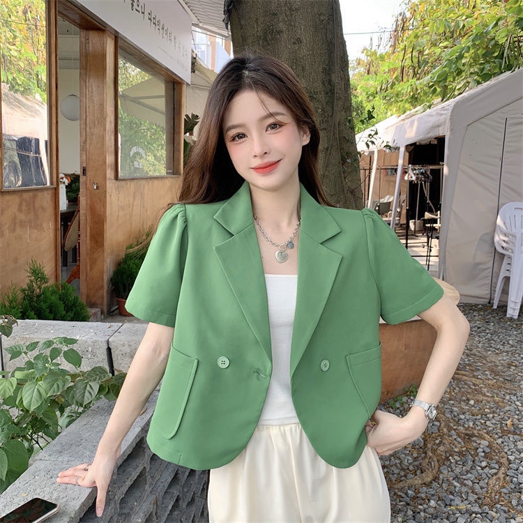 Áo khoác blazer SUXI tay ngắn màu sắc trơn phong cách vintage thời trang mùa hè cho nữ | BigBuy360 - bigbuy360.vn