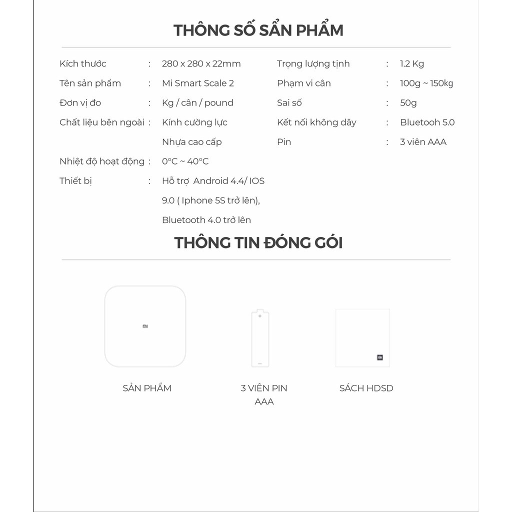 Cân điện tử sức khỏe Xiaomi Scale 2 thông minh, kết nối bluetooth với app MiFit trên điện thoại