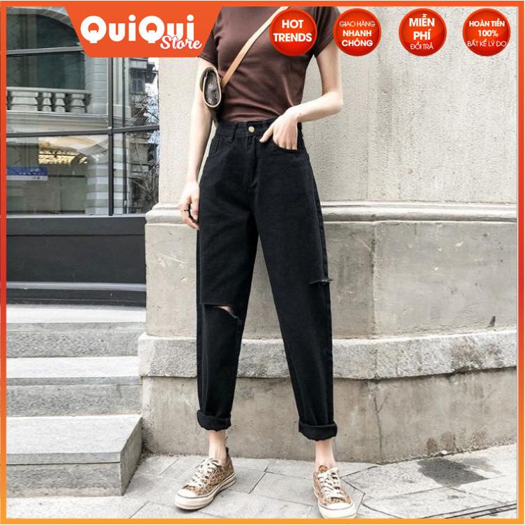[Jean baggy] Quần jean nữ đen chất vải bò rách tua cute NQ14 | BigBuy360 - bigbuy360.vn