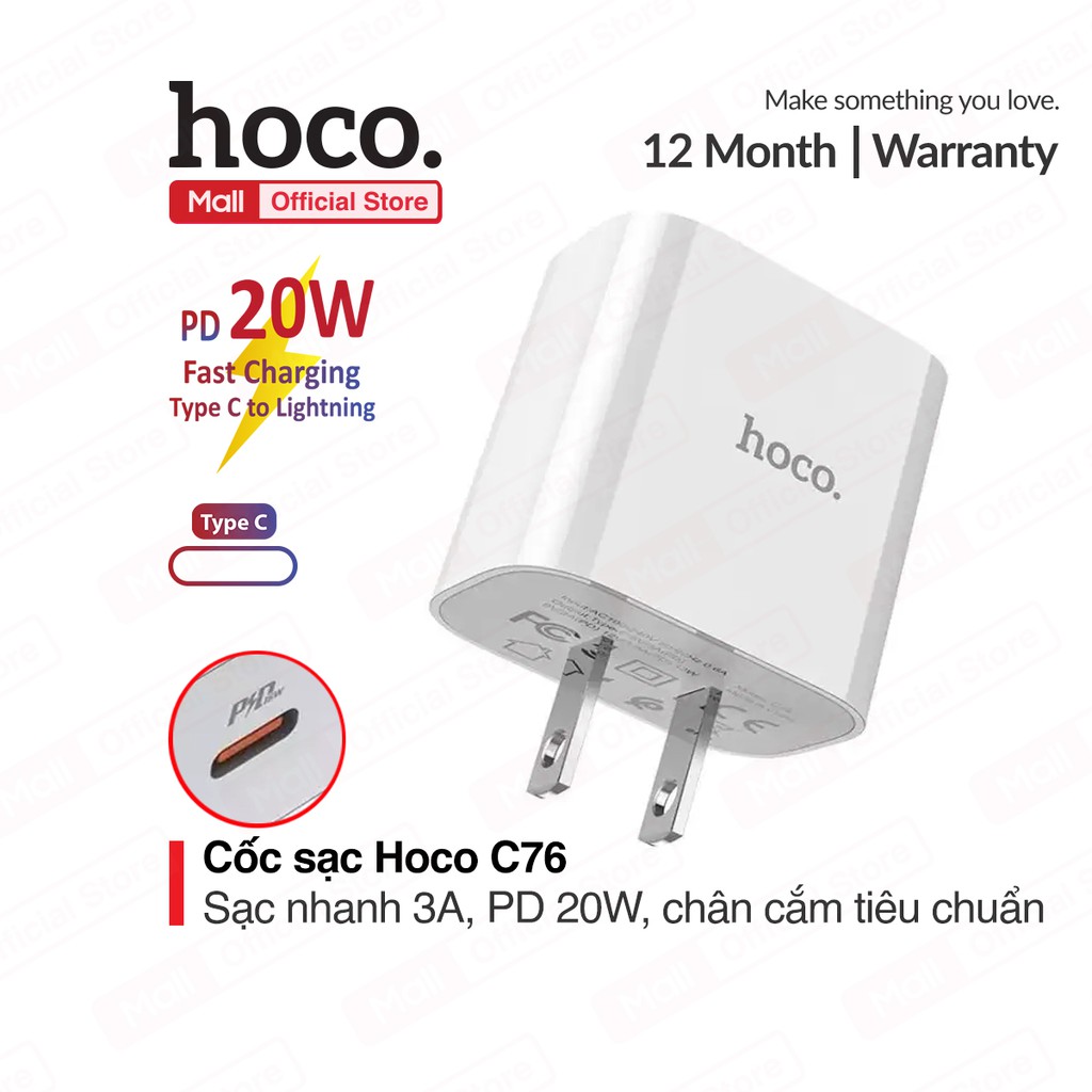 Củ sạc nhanh PD20W Hoco C76 1 cổng Type- C, sạc nhanh 3A, chân cắm chuẩn tiêu chuẩn ( CN )