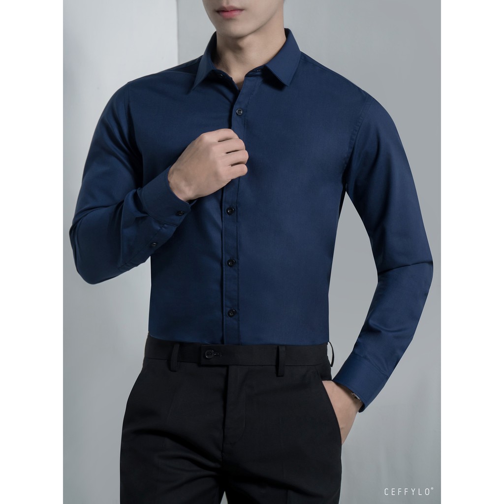 Áo sơ mi dài tay xanh navy trơn CEFFYLO chất liệu thoáng khí giữ form cực tốt