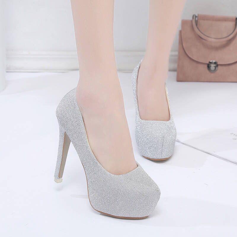 Giày Cao Gót Mũi Tròn Màu Bạc Quyến Rũ Thời Trang Xuân Thu Phong Cách Hàn Quốc Cho Nữ