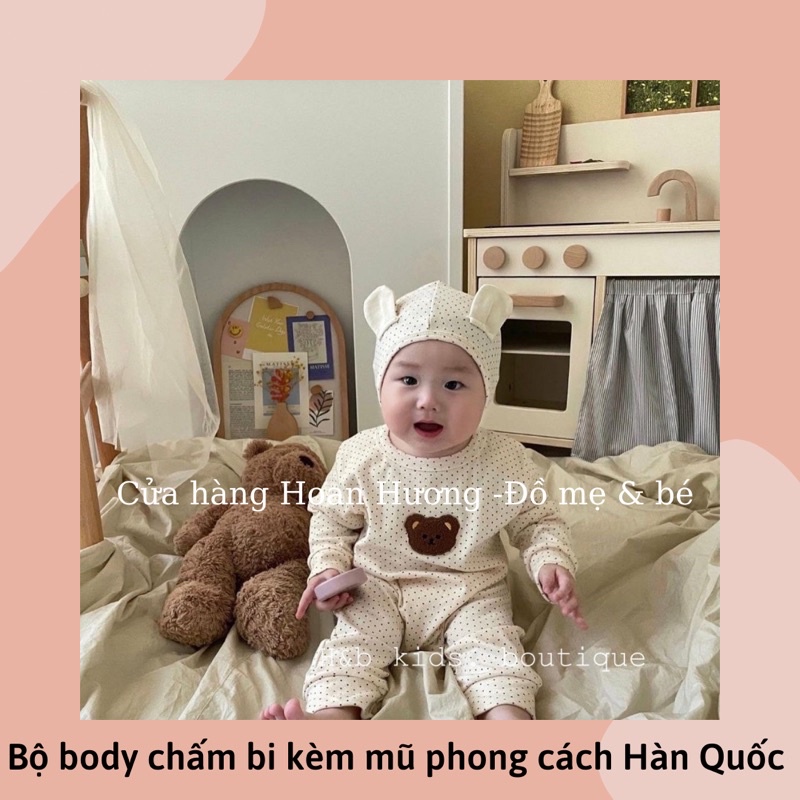 Bộ body cho bé bodysuit thu đông liền thân kèm mũ phong cách Hàn Quốc cho bé trai và bé gái
