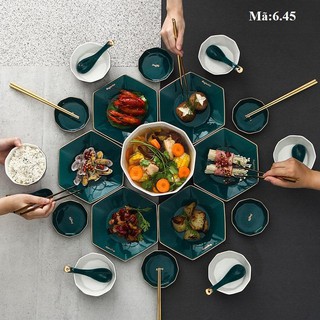 [LẺ MÓN] Bát, đĩa hình lục giác màu xanh cổ vịt viền vàng, phụ kiện bàn ăn nổi bật 6.45