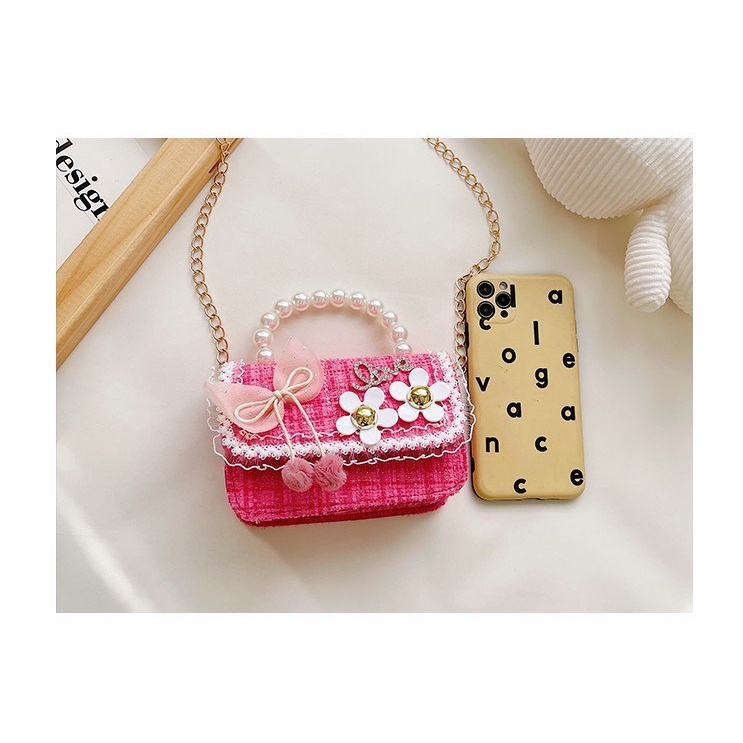 Túi Đeo Chéo Mini Vải Dạ, Quai Ngọc Sang Chảnh Đáng Yêu Cho Bé Gái