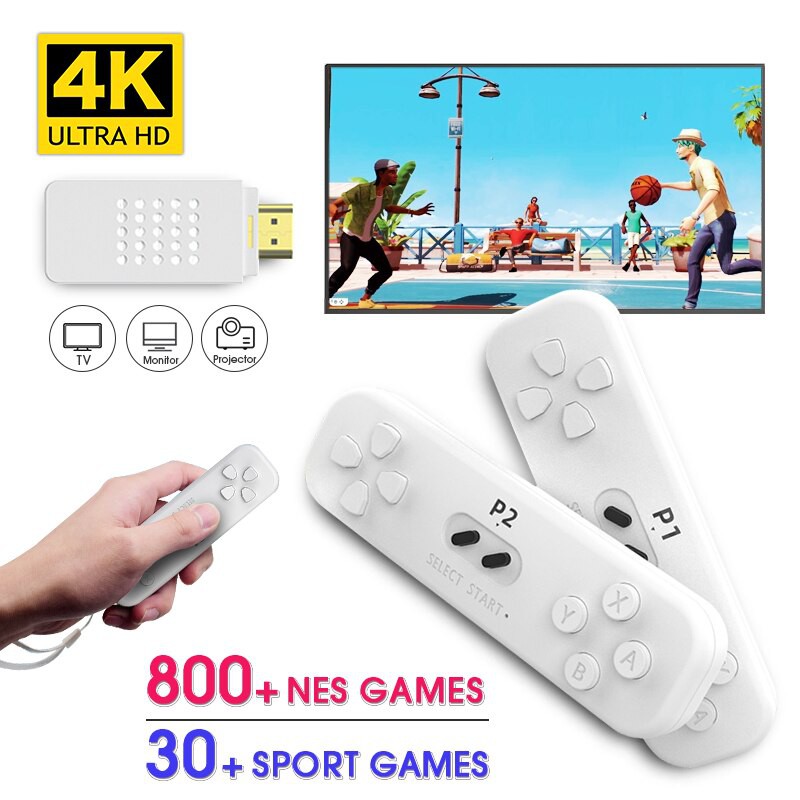 Máy chơi game stick 4 nút HDMI Không dây kết nối tivi tích hợp 800 game cổ điển, 30 Games thể thao chạy bộ,cắt hoa quả