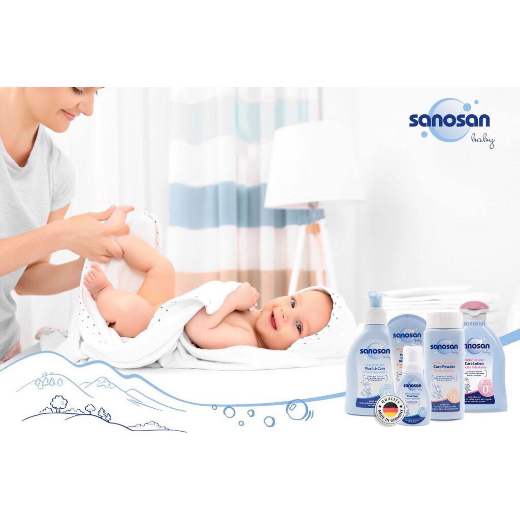 Combo Sữa tắm gội dịu nhẹ Sanosan Baby chiết xuất olive hữu cơ 200ml + Sữa dưỡng thể 200ml