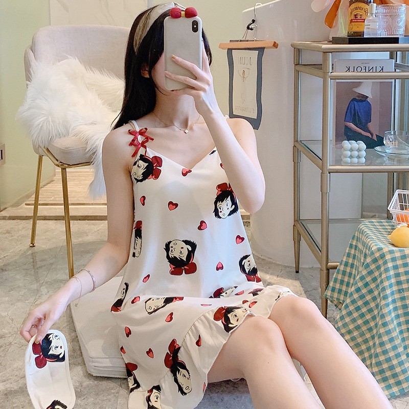 Váy ngủ 2 dây có đệm ngực mùa hè thun mềm mại dễ thương ( tặng kèm bịt mắt ) | BigBuy360 - bigbuy360.vn