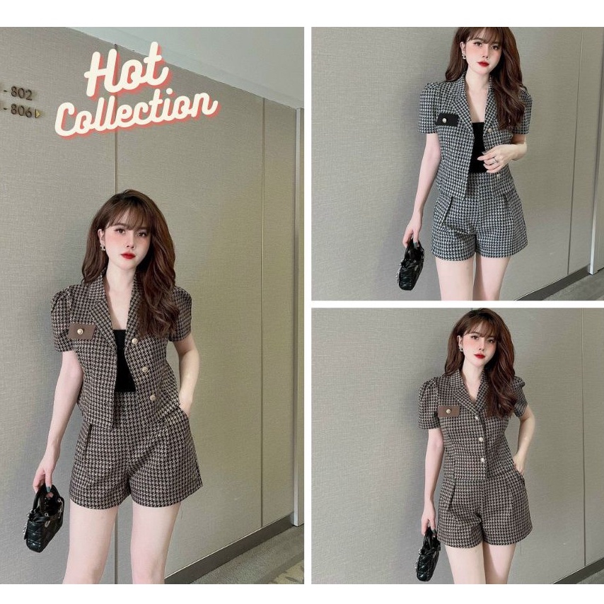 Set áo vest blazer ngắn tay kèm quần short họa tiết răng sói cá tính sang chảnh