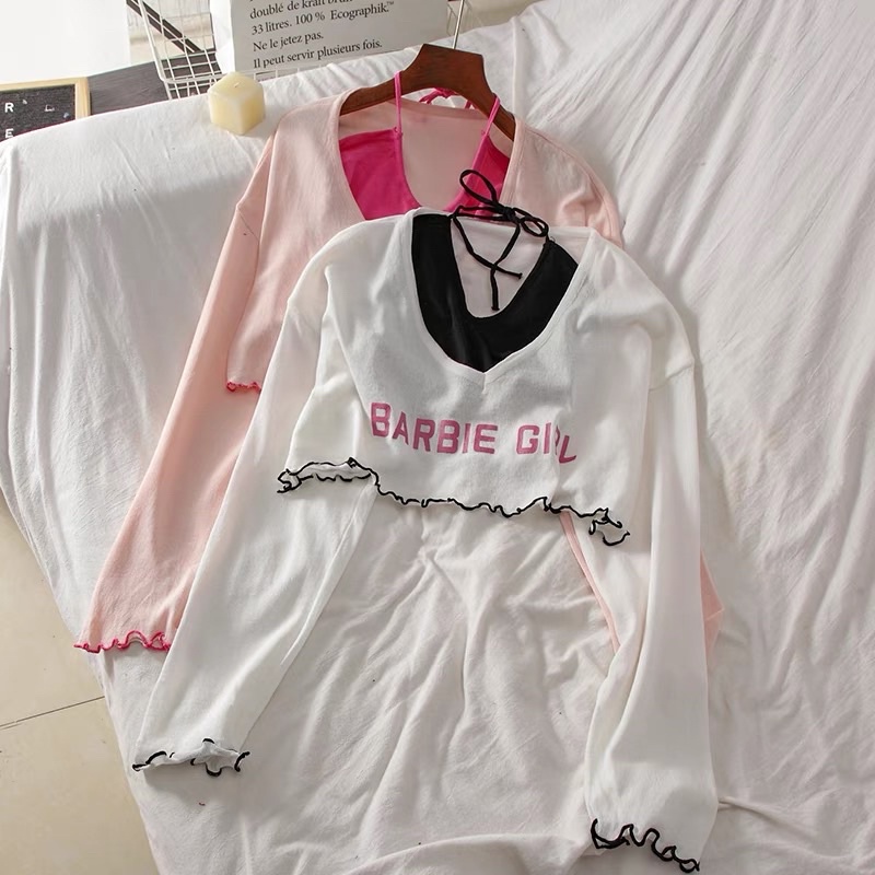 set áo len croptop kèm áo yếm sexy barbie girl (2076#)