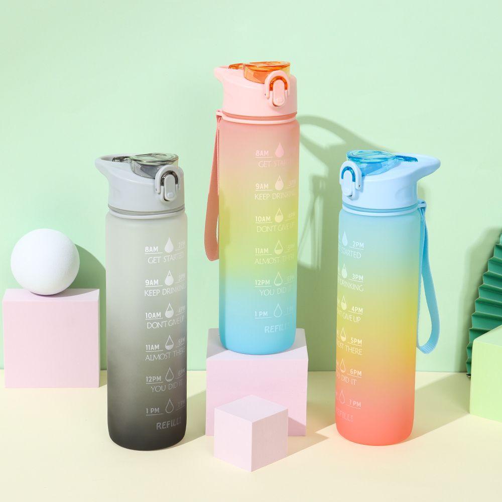 Bình Nước 1000ml Màu Gradient Cầu Vồng Sức Chứa Lớn Có Ống Hút
