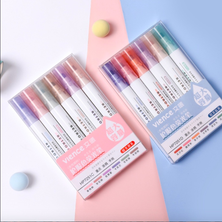 Bộ Bút Màu Dạ Quang Highlight Pastel Đánh Ghi Chú Tiện Lợi Set 6 Màu Hộp Cứng