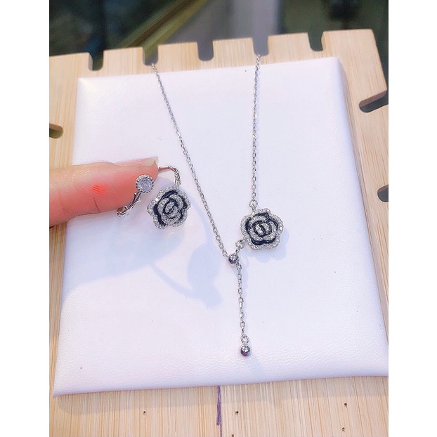 Bộ hoa hồng nạm đá cz đen xinh đẹp bạc chuẩn