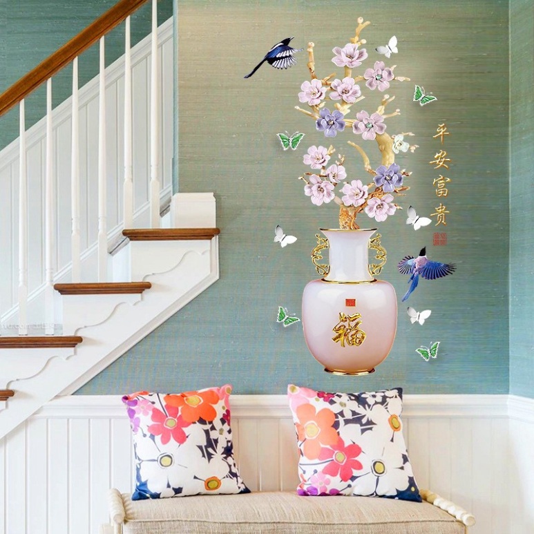 Decal Dán Tường 3D Tranh Decor Trang Trí Nhà Bình Hoa Sang Trọng Khổ Lớn