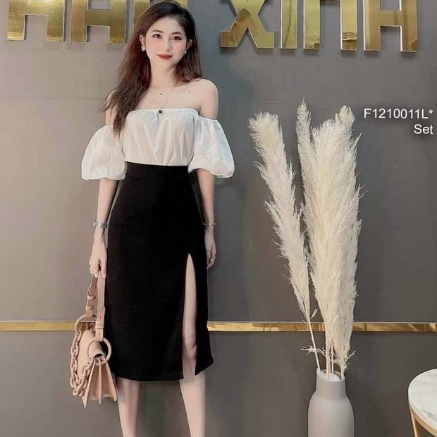 Set áo trắng bẹt vai tay phồng phối chân váy umi đen xẻ tà trước!