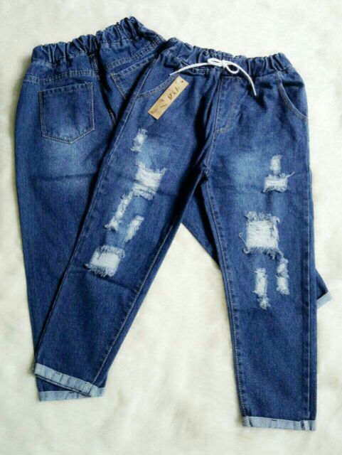 Quần baggy jean lưng thun dáng lỡ mẫu rách lật lai màu xanh đậm