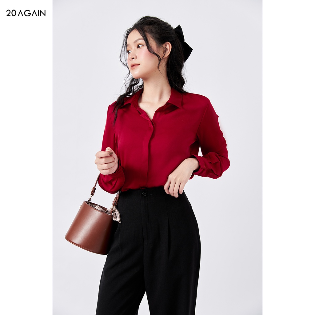 Áo sơ mi công sở nữ đẹp 20AGAIN, áo kiểu Hàn Quốc, sơ mi dài chất lụa cao cấp ASW1132