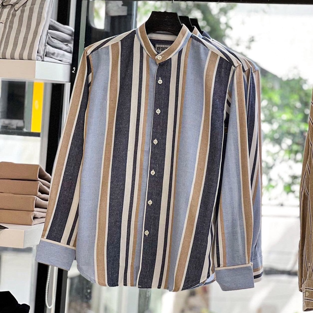 Áo Sơ Mi Nam Dài Tay Phối Sọc Nâu Trắng BY COTTON Linen Brown White Stripes Shirt