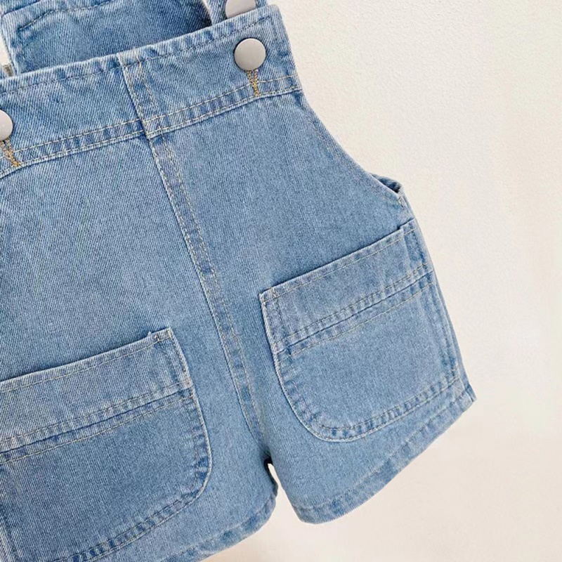 Quần Yếm Jeans Ngắn Màu Trơn Có Túi Lớn Dễ Thương Cho Bé Gái