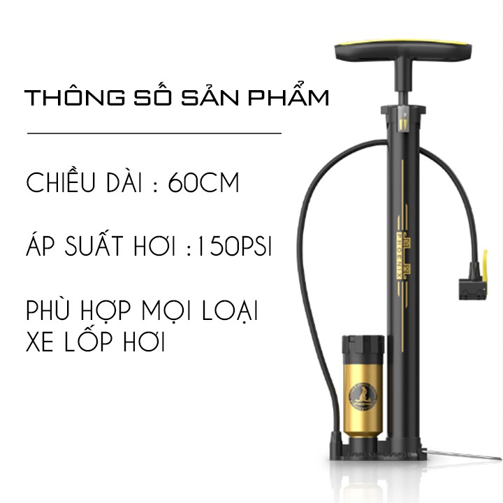 Bơm Xe Đạp Ô Tô Xe Máy Bóng Khí Phao Hơi Bằng Chân Chất Liệu Thân Bằng Nhôm Được Phủ Sơn Đen Nhám Có Đồng Hồ Bơm THP9004