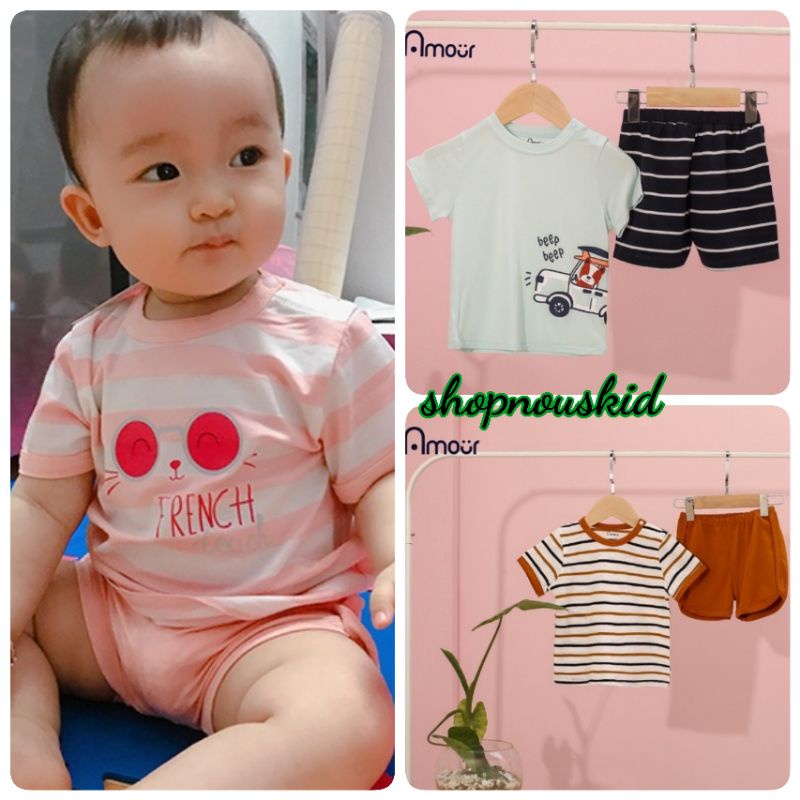 (Amour) Bộ cộc trắng kẻ hồng cam họa tiết mèo đeo kính ( 6m đến 5 y)