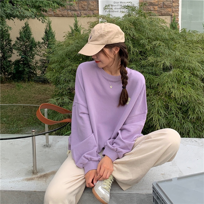 Áo nỉ dài tay cổ tròn dáng rộng in chữ phong cách Hàn Quốc mới