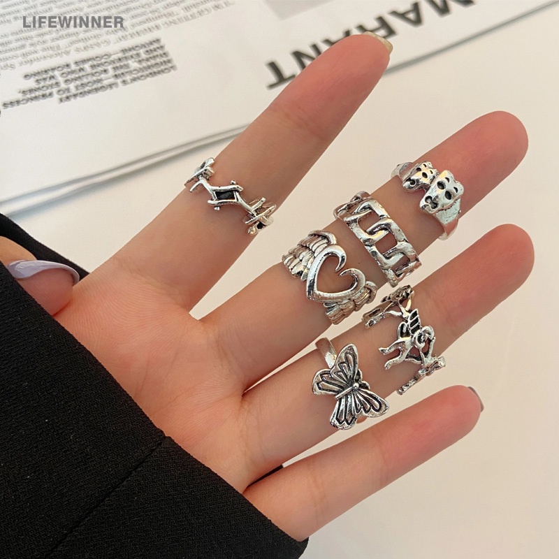 Set 6 Nhẫn Hợp Kim Bạc Hình Cánh Thiên Thần/Trái Tim/Đầu Lâu Phong Cách Gothic Punk Vintage Thời Trang Dự Tiệc Dành Cho Nữ/Nữ