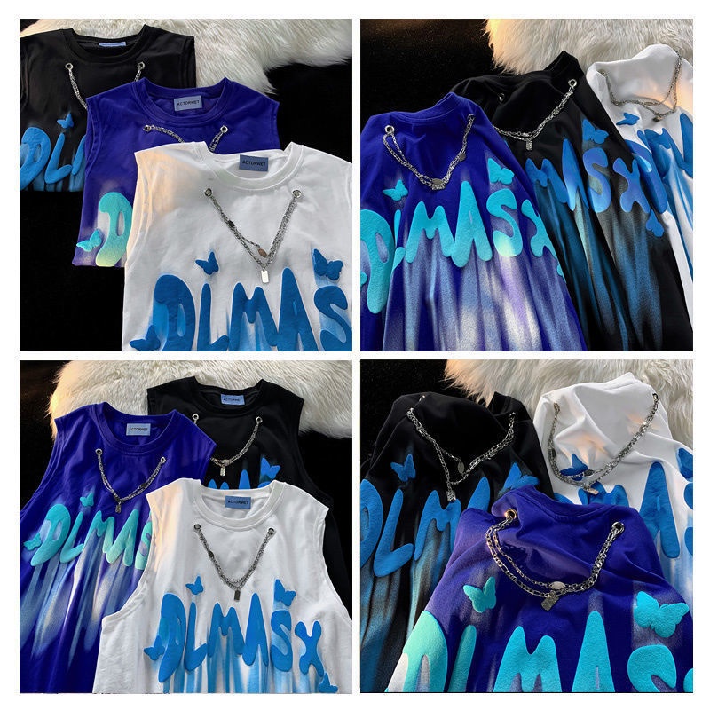 Jiashucheng Áo Thun Sát Nách Dáng Rộng In Chữ Graffiti Đường Phố Mỹ Thời Trang Mùa Hè Cho Các Cặp Đôi