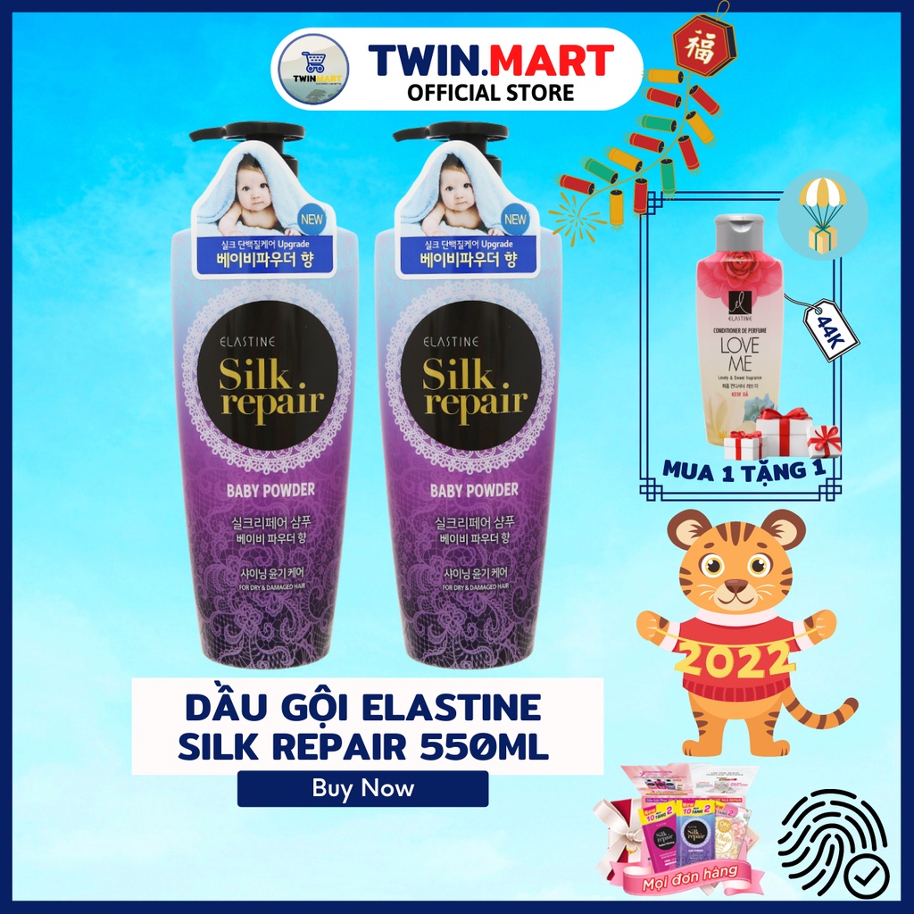 [MUA 1 TẶNG 1 DẦU XẢ 44K] Dầu gội chăm sóc và nuôi dưỡng tóc Elastine Silk Repair Baby Powder 550ml nhập khẩu Hàn Quốc