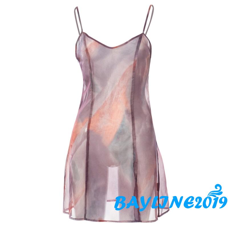 Đầm Hai Dây Cổ Chữ V Hở Lưng Phối Lưới Màu Nhuộm Độc Đáo Thời Trang Cho Nữ