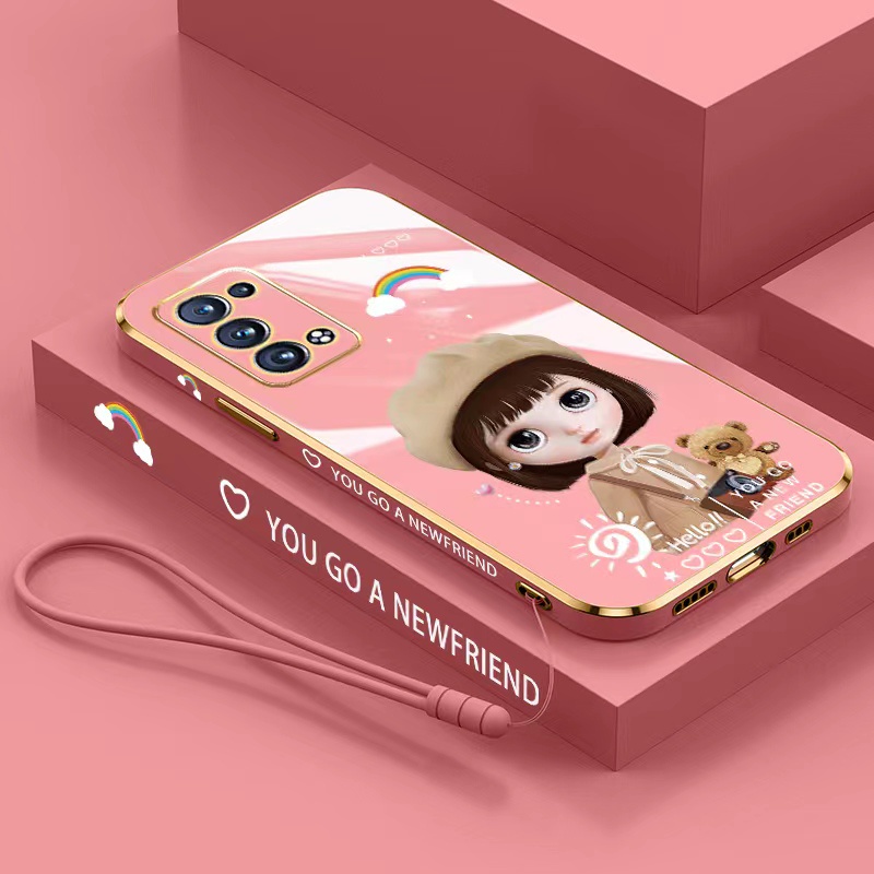 Vỏ OPPO Reno 8 4G Reno 8 Z 5G Reno 8 5G Reno 8 Pro 5G A57 4G 2022 A76 A96 A16K A16e Cạnh thẳng 90 ° Mạ Cartoon Girl Bảo vệ máy ảnh Vỏ điện thoại