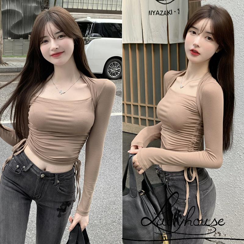 LDD-Women Long Sleeve Tops with Adjustable Drawstring, Solid Color Skinny Version Navel Clothing