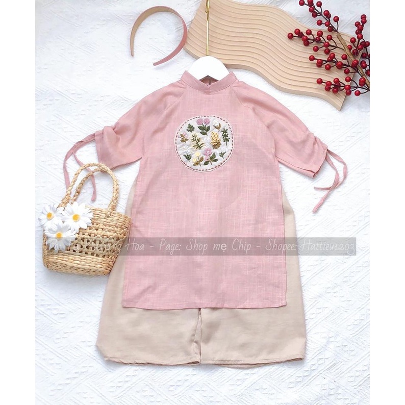 Set Áo Dài Vải Linen Họa Tiết Thêu Tay Cho Bé Gái