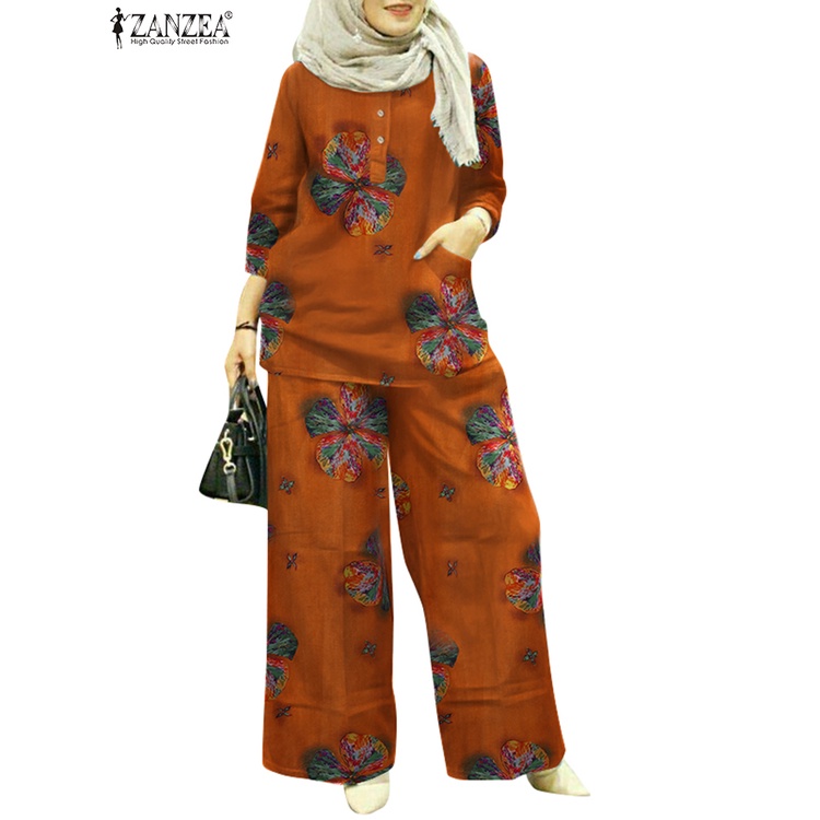 ZANZEA Set Đồ Dài 3/4 In Họa Tiết Hoa Phong Cách Hồi Giáo Cho Nữ
