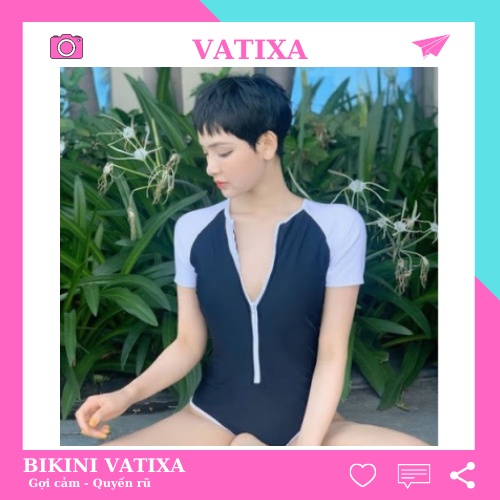 Bikini đồ bơi nữ Bodysuit khóa kéo tay ngắn đen phối trắng Hiền Hồ VATIXA BKN93