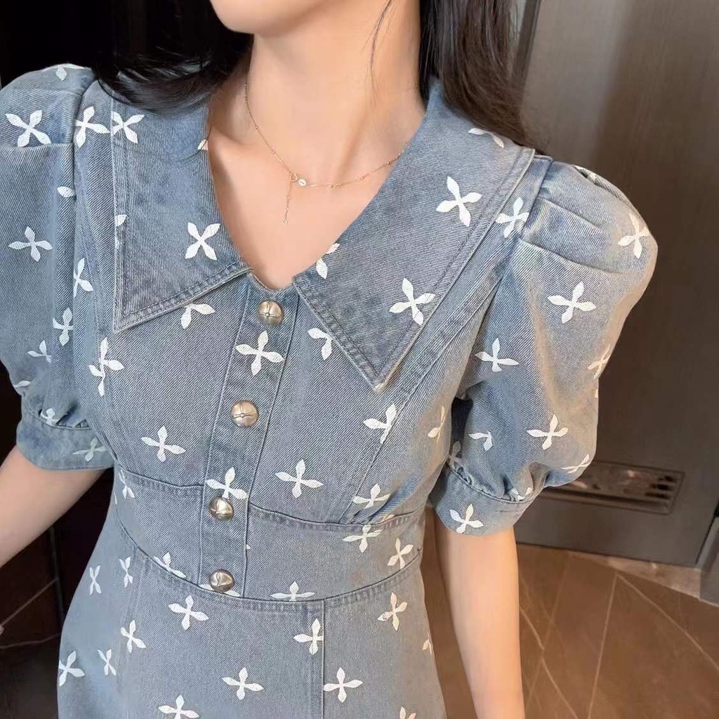 Váy chữ A tay ngắn in họa tiết kiểu Pháp mùa hè 2022 mới cho nữ