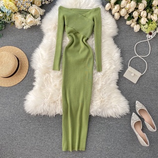Đầm body thun gân dáng maxi bẹt vai chéo tà trên phần ngực