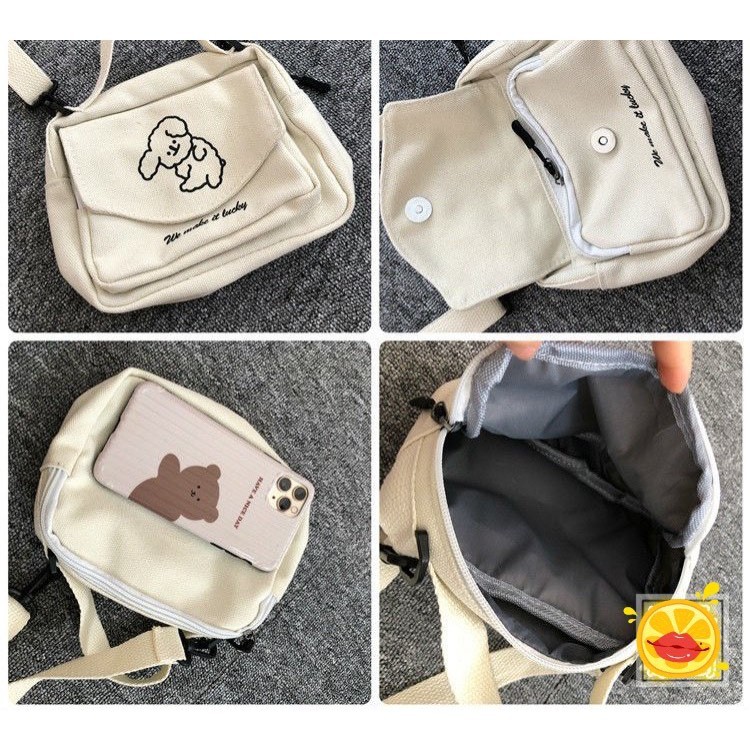 Túi canvas đeo chéo thêu hình chú cún thêu ngộ nghĩnh đáng yêu phong cách Harajuku Nhật Bản thời trang UNIBAG