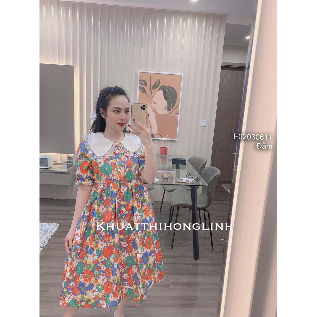 Đầm xòe hoa cổ lật phối viền ren tay ngắn bo!