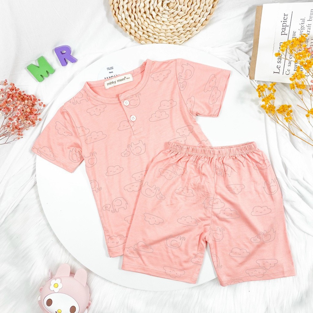 Bộ Cộc Tay Thun Lạnh Minky Mom Cổ Trụ Nền Màu In Họa Tiết Siêu Dễ Thương Cho Bé Unchi Store (QATE321)