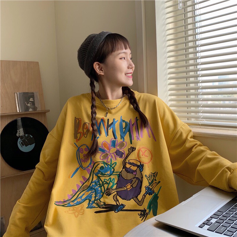 Áo nỉ sweater nữ tay bồng cổ tròn DHM phom rộng unisex/ Áo nỉ thu đông oversize phong cách hàn quốc_veestore