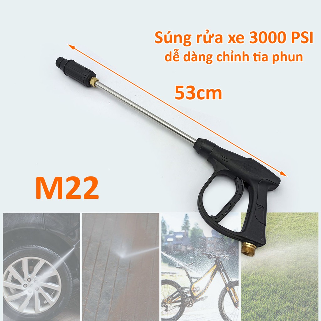 Súng rửa xe áp lực 3000psi mỏ vịt chỉnh tia dài 53cm ren ngoài to M22