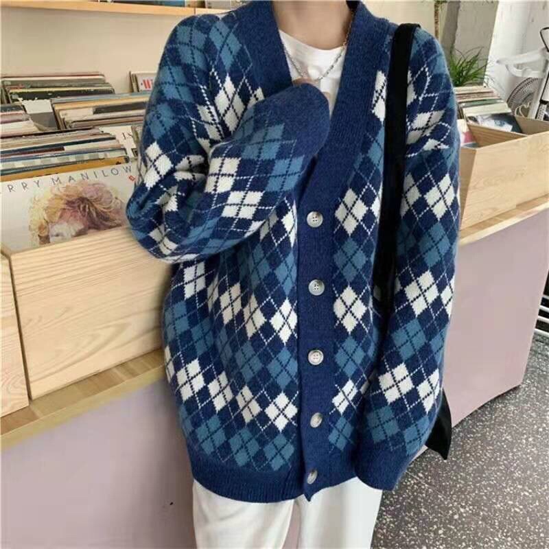 Áo khoác cardigan len hoạ tiết kẻ ô quả trám phong cách Hàn Quốc vintage thu đông | BigBuy360 - bigbuy360.vn