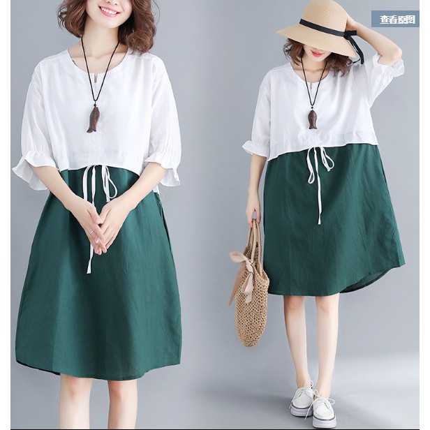 G282 Đầm big size freesize phối hai màu xanh trắng dễ thương có thắt eo